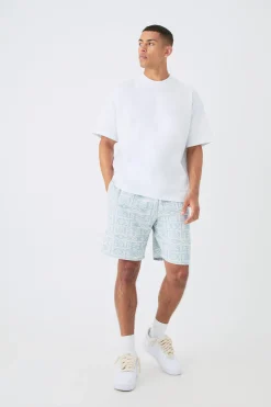 Man Oversized Extended Neck T-shirt And Jacquard Shorts Set | BoohooMAN UK