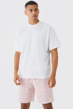 Man Oversized Extended Neck T-shirt And Jacquard Shorts Set | BoohooMAN UK