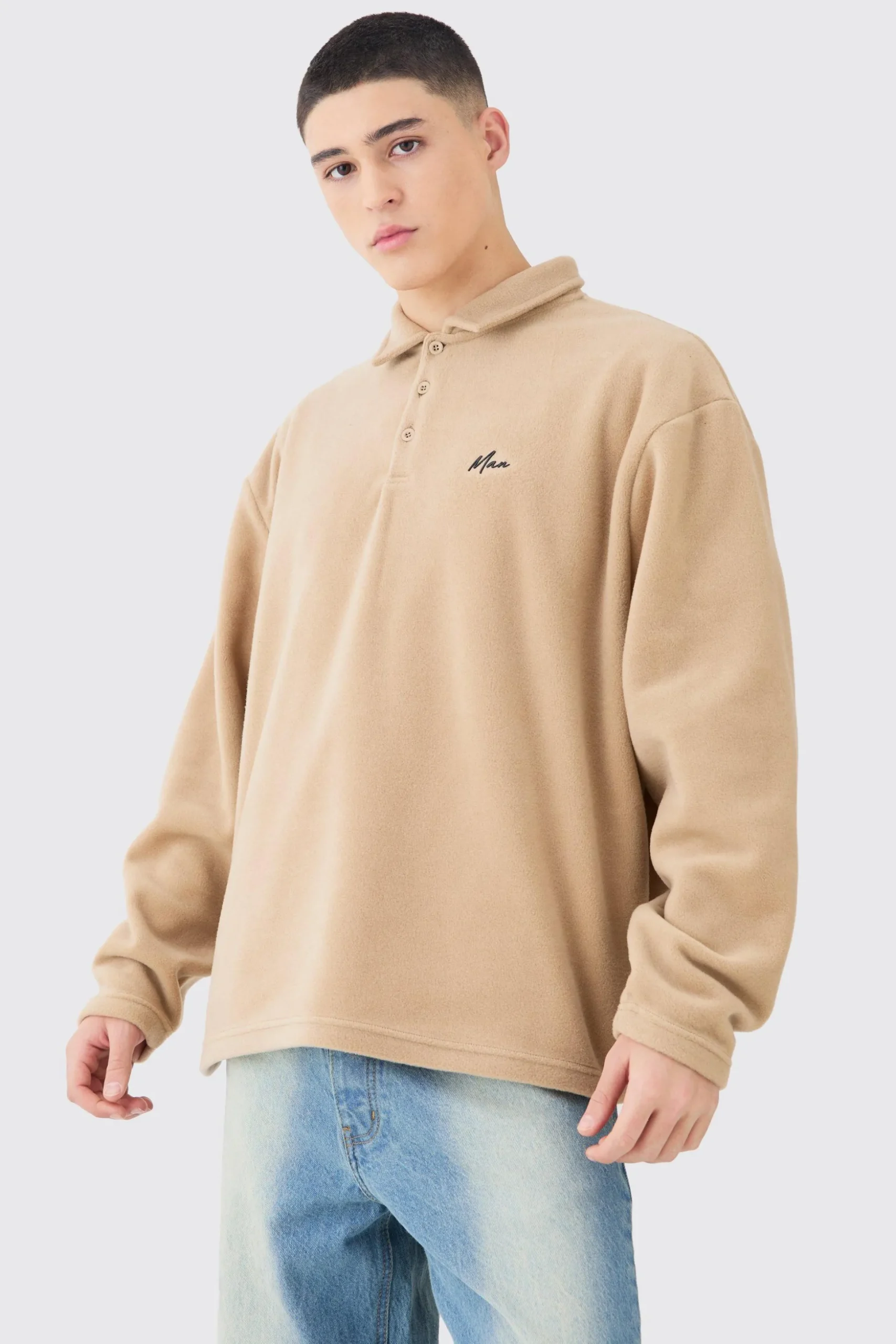 Man Oversized Fleece Rugby Polo | BoohooMAN UK