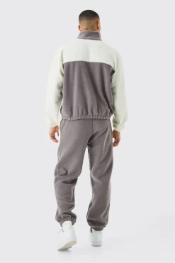 Man Oversized Popper Neck Colour Block Fleece Tracksuit | BoohooMAN UK