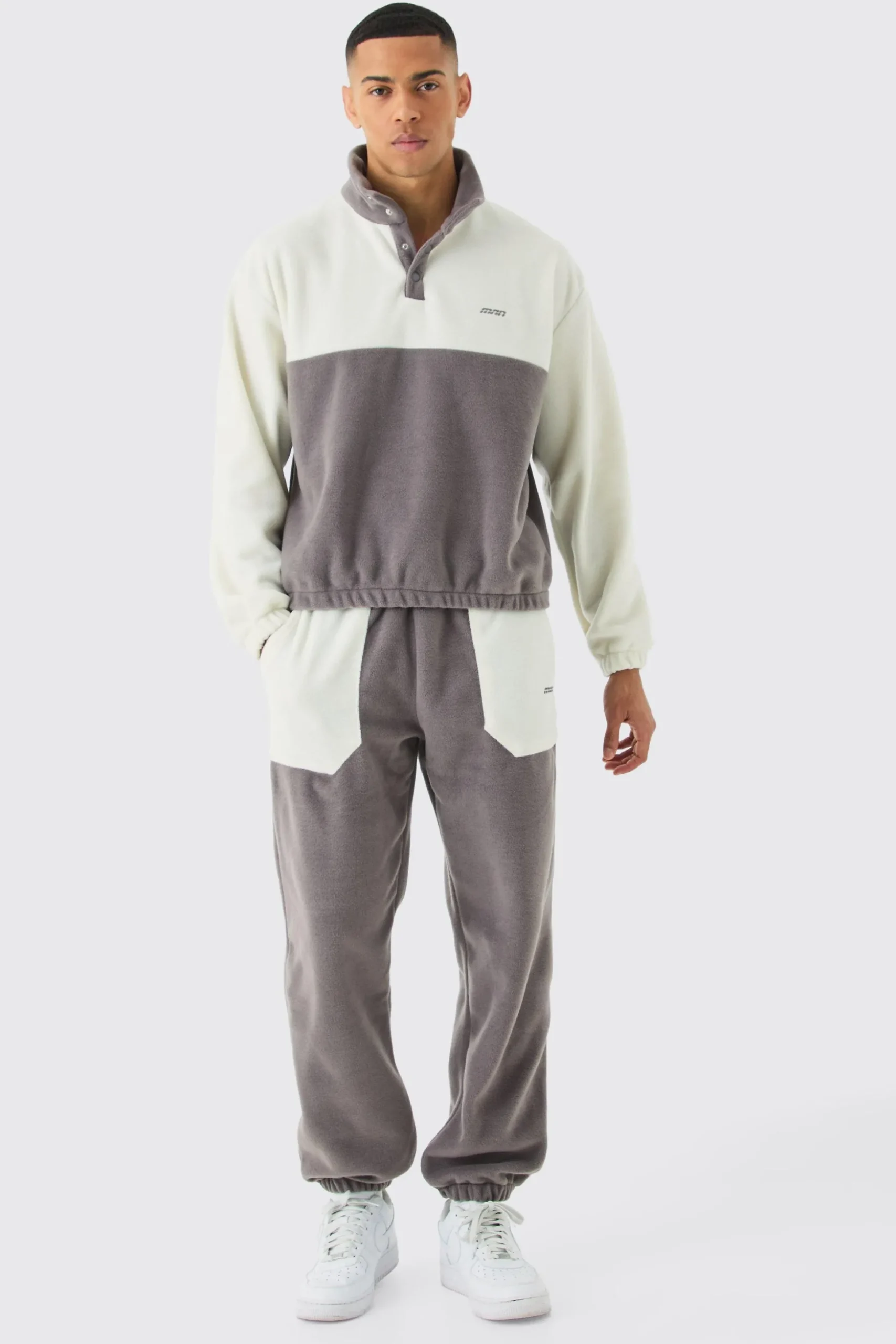 Man Oversized Popper Neck Colour Block Fleece Tracksuit | BoohooMAN UK