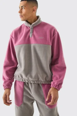 Man Oversized Popper Neck Colour Block Fleece Tracksuit | BoohooMAN UK