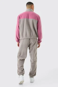 Man Oversized Popper Neck Colour Block Fleece Tracksuit | BoohooMAN UK