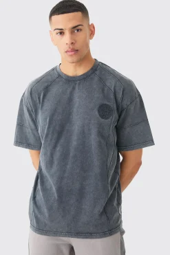 Man Oversized Wash Pintuck Embroidered T-shirt | BoohooMAN UK