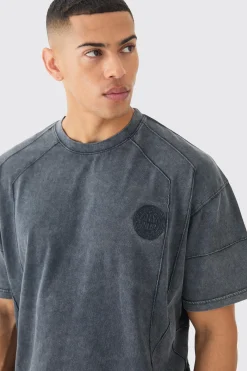 Man Oversized Wash Pintuck Embroidered T-shirt | BoohooMAN UK