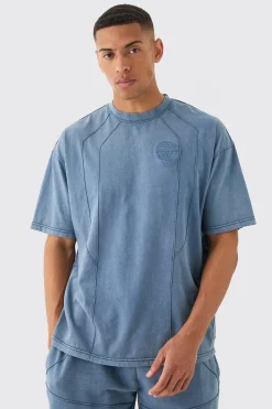 Man Oversized Wash Pintuck Embroidered T-shirt | BoohooMAN UK