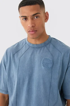 Man Oversized Wash Pintuck Embroidered T-shirt | BoohooMAN UK