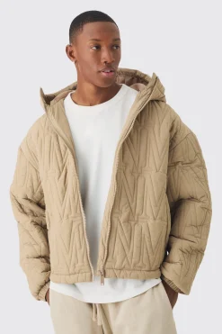 Man Quilted Hooded Puffer Coat In Taupe | BoohooMAN UK