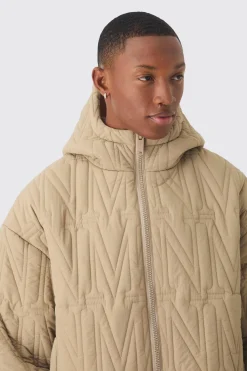 Man Quilted Hooded Puffer Coat In Taupe | BoohooMAN UK