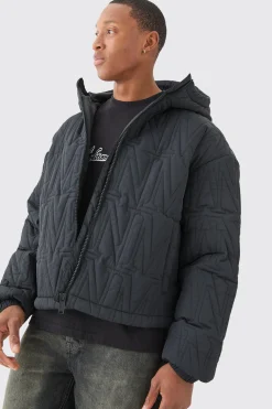 Man Quilted Hooded Puffer Coat In Black | BoohooMAN UK