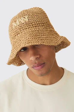 Man Raffia Bucket Hat In Khaki | BoohooMAN UK