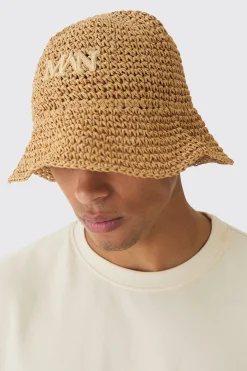 Man Raffia Bucket Hat In Khaki | BoohooMAN UK