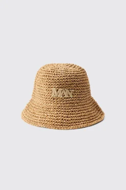 Man Raffia Bucket Hat In Khaki | BoohooMAN UK