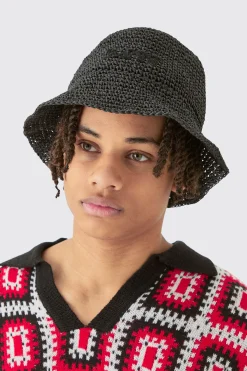 Man Raffia Bucket Hat In Black | BoohooMAN UK