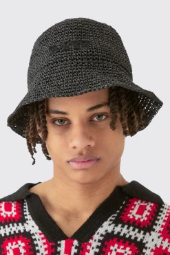 Man Raffia Bucket Hat In Black | BoohooMAN UK