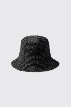 Man Raffia Bucket Hat In Black | BoohooMAN UK