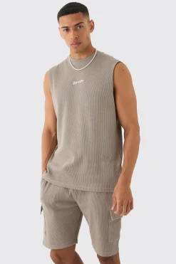 Man Regular Fit Waffle Tank And Cargo Shorts Set | BoohooMAN UK
