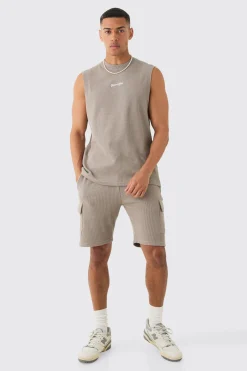 Man Regular Fit Waffle Tank And Cargo Shorts Set | BoohooMAN UK