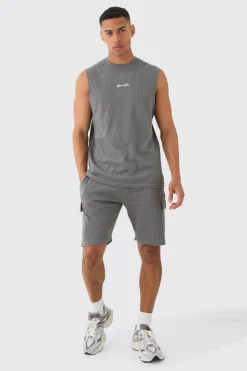 Man Regular Fit Waffle Tank And Cargo Shorts Set | BoohooMAN UK