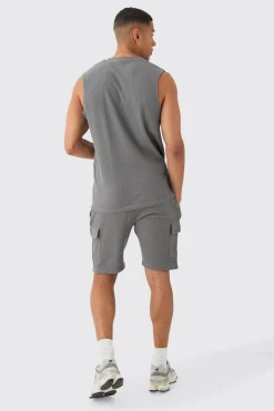Man Regular Fit Waffle Tank And Cargo Shorts Set | BoohooMAN UK