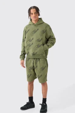 Man Script All Over Print Boxy Hooded Short Tracksuit | BoohooMAN UK
