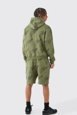Man Script All Over Print Boxy Hooded Short Tracksuit | BoohooMAN UK