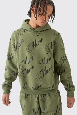 Man Script All Over Print Boxy Hooded Short Tracksuit | BoohooMAN UK