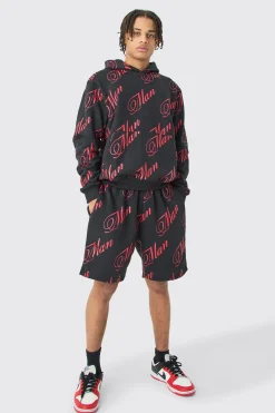 Man Script All Over Print Boxy Hooded Short Tracksuit | BoohooMAN UK