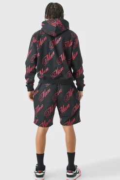 Man Script All Over Print Boxy Hooded Short Tracksuit | BoohooMAN UK
