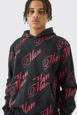 Man Script All Over Print Boxy Hooded Short Tracksuit | BoohooMAN UK