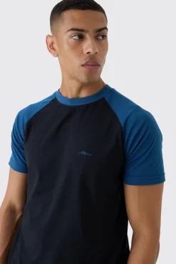 Man Script Slim Colour Block Raglan T-shirt | BoohooMAN UK
