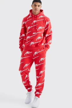 Man Signature All Over Print Hoodie Tracksuit | BoohooMAN UK