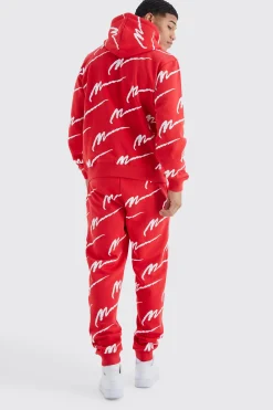 Man Signature All Over Print Hoodie Tracksuit | BoohooMAN UK