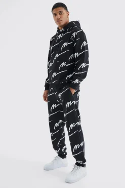 Man Signature All Over Print Hoodie Tracksuit | BoohooMAN UK