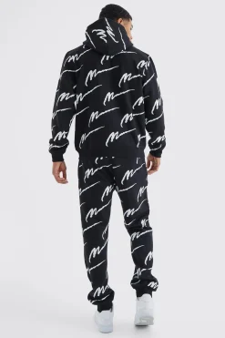 Man Signature All Over Print Hoodie Tracksuit | BoohooMAN UK