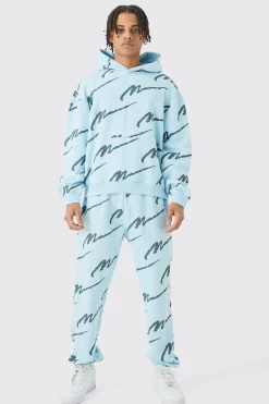 Man Signature All Over Print Boxy Hooded Tracksuit | BoohooMAN UK