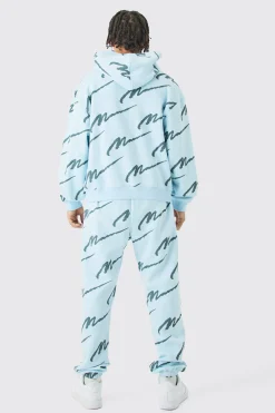 Man Signature All Over Print Boxy Hooded Tracksuit | BoohooMAN UK