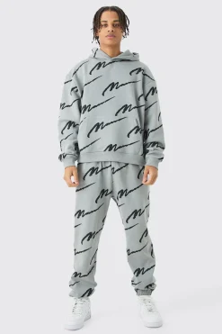Man Signature All Over Print Boxy Hooded Tracksuit | BoohooMAN UK