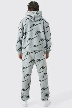 Man Signature All Over Print Boxy Hooded Tracksuit | BoohooMAN UK