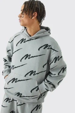 Man Signature All Over Print Boxy Hooded Tracksuit | BoohooMAN UK