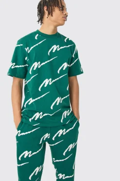 Man Signature All Over Print Tshirt & Jogger Set | BoohooMAN UK