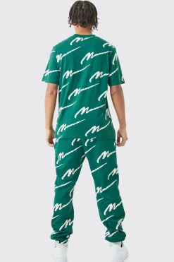 Man Signature All Over Print Tshirt & Jogger Set | BoohooMAN UK