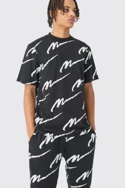 Man Signature All Over Print Tshirt & Jogger Set | BoohooMAN UK
