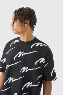 Man Signature All Over Print Oversized T-shirt | BoohooMAN UK