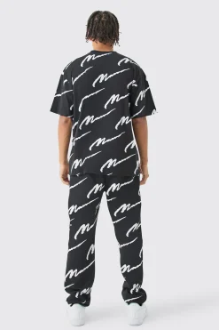 Man Signature All Over Print Oversized T-shirt | BoohooMAN UK