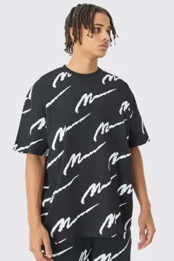Man Signature All Over Print Oversized T-shirt | BoohooMAN UK