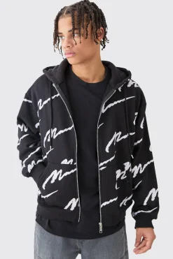 Man Signature All Over Print Boxy Zip Through Hoodie | BoohooMAN UK