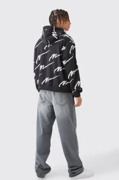 Man Signature All Over Print Boxy Zip Through Hoodie | BoohooMAN UK