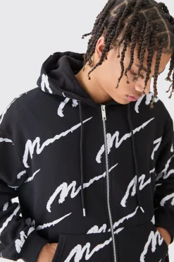 Man Signature All Over Print Boxy Zip Through Hoodie | BoohooMAN UK