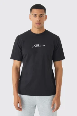 Man Signature Embroidered T-shirt | BoohooMAN UK
